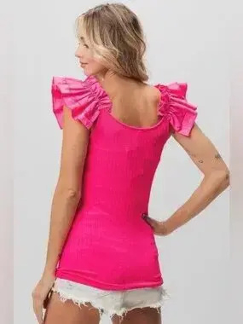 BiBi Ruffled Shoulder Strap Rib Texture Top - Picture 2 of 4